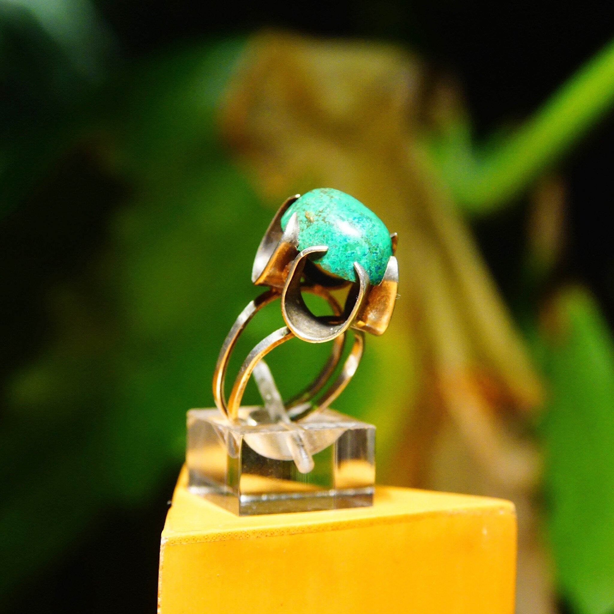 Sterling Silver High Prong-Set Turquoise Cocktail Ring, Marbled Green Turquoise Stone, Ornate Setting, Adjustable, Size 4-8 US