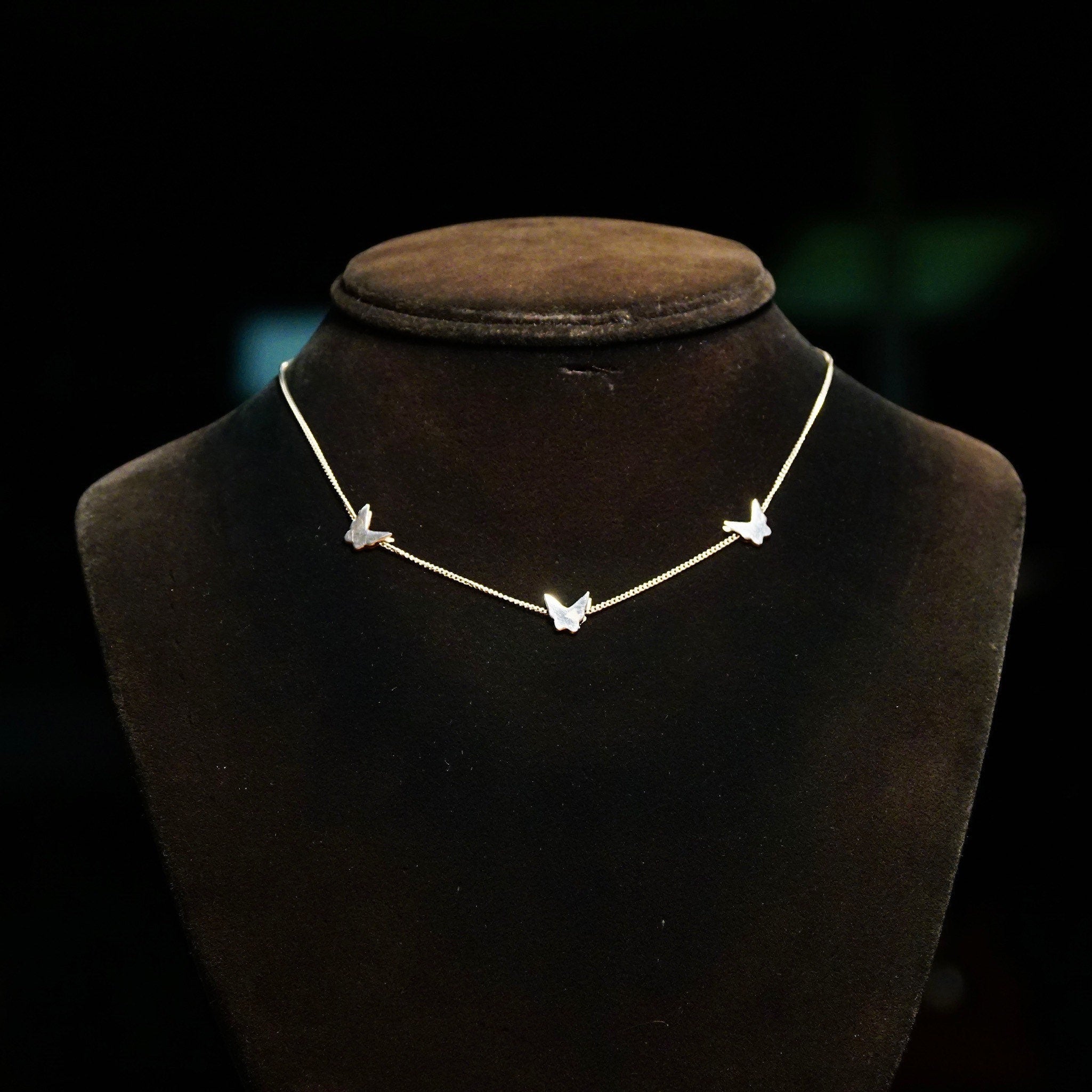 Vintage Minimalist Sterling Silver Butterfly Choker Necklace, Hecho En Mexico 965, 1mm Silver Cable Chain, 3 Butterfly Silhouette Charms,