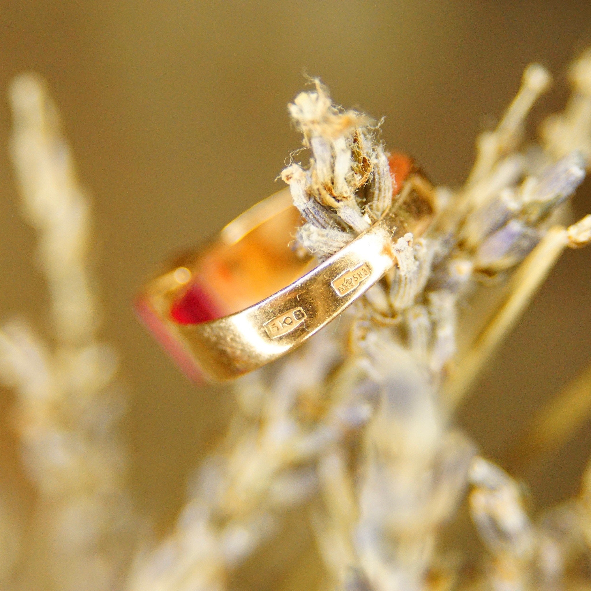 Antique Hallmarked 14K Gold Ruby Solitaire Ring, Emerald Cut Ruby Gemstone, Yellow Gold Band, Victorian Ring, Size 9 1/4 US
