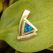 Vintage Modernist 14K Gold Opal Diamond Pendant, Inlaid Blue Opal Stone, 7 Brilliant Diamonds, .21 TCW, Abstract Yellow Gold Pendant, 1" L