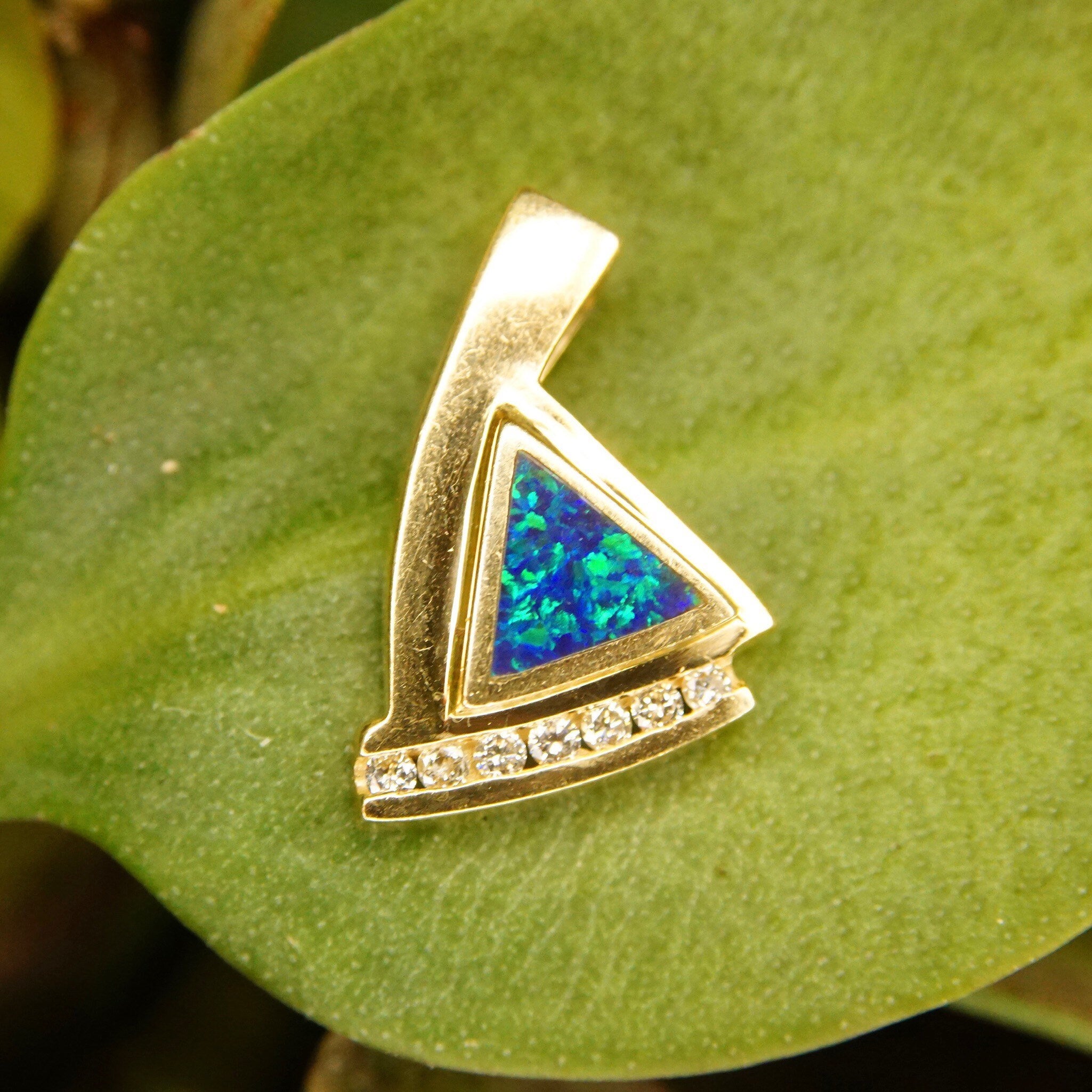 Vintage Modernist 14K Gold Opal Diamond Pendant, Inlaid Blue Opal Stone, 7 Brilliant Diamonds, .21 TCW, Abstract Yellow Gold Pendant, 1" L
