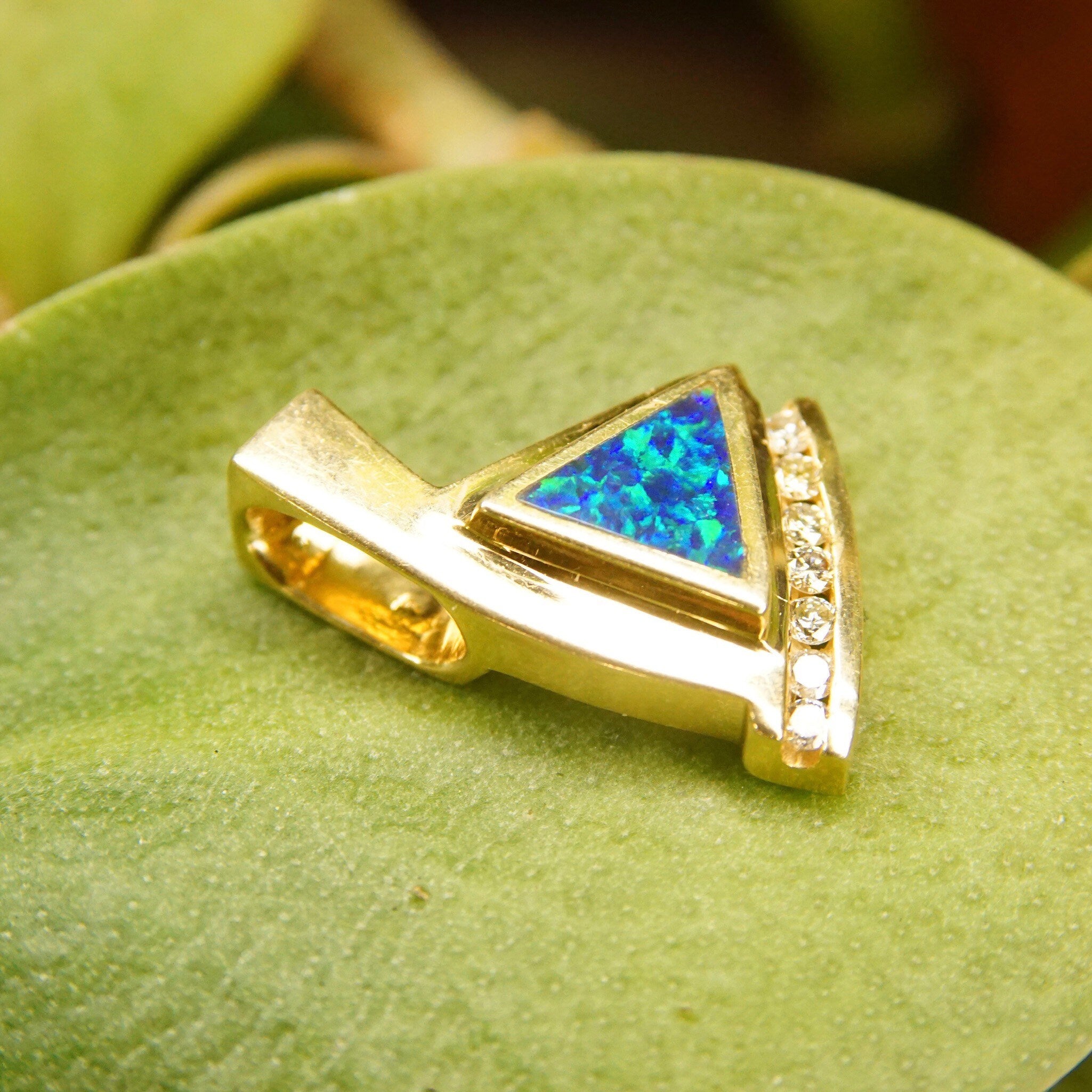 Vintage Modernist 14K Gold Opal Diamond Pendant, Inlaid Blue Opal Stone, 7 Brilliant Diamonds, .21 TCW, Abstract Yellow Gold Pendant, 1" L