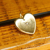 Antique EMESCO 14K Gold Mine Cut Diamond Starburst Heart Locket, .02 CT Diamond, 2-Frame Picture Locket, Victorian Mourning Jewelry, 1" L