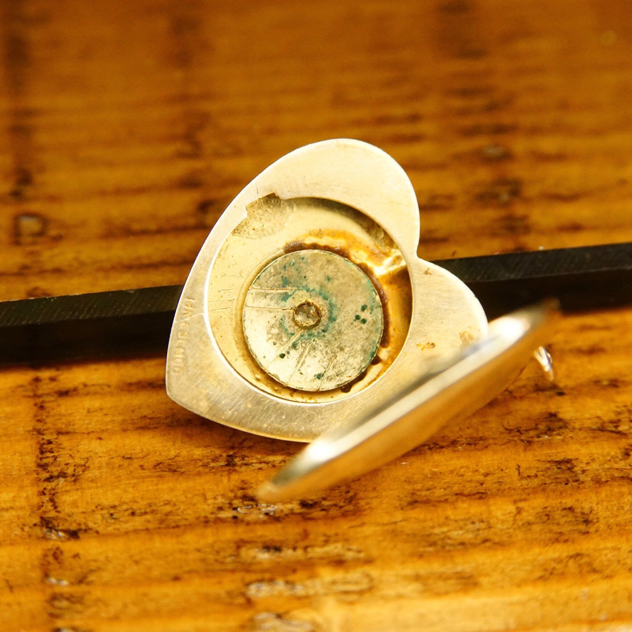 Antique EMESCO 14K Gold Mine Cut Diamond Starburst Heart Locket, .02 CT Diamond, 2-Frame Picture Locket, Victorian Mourning Jewelry, 1" L
