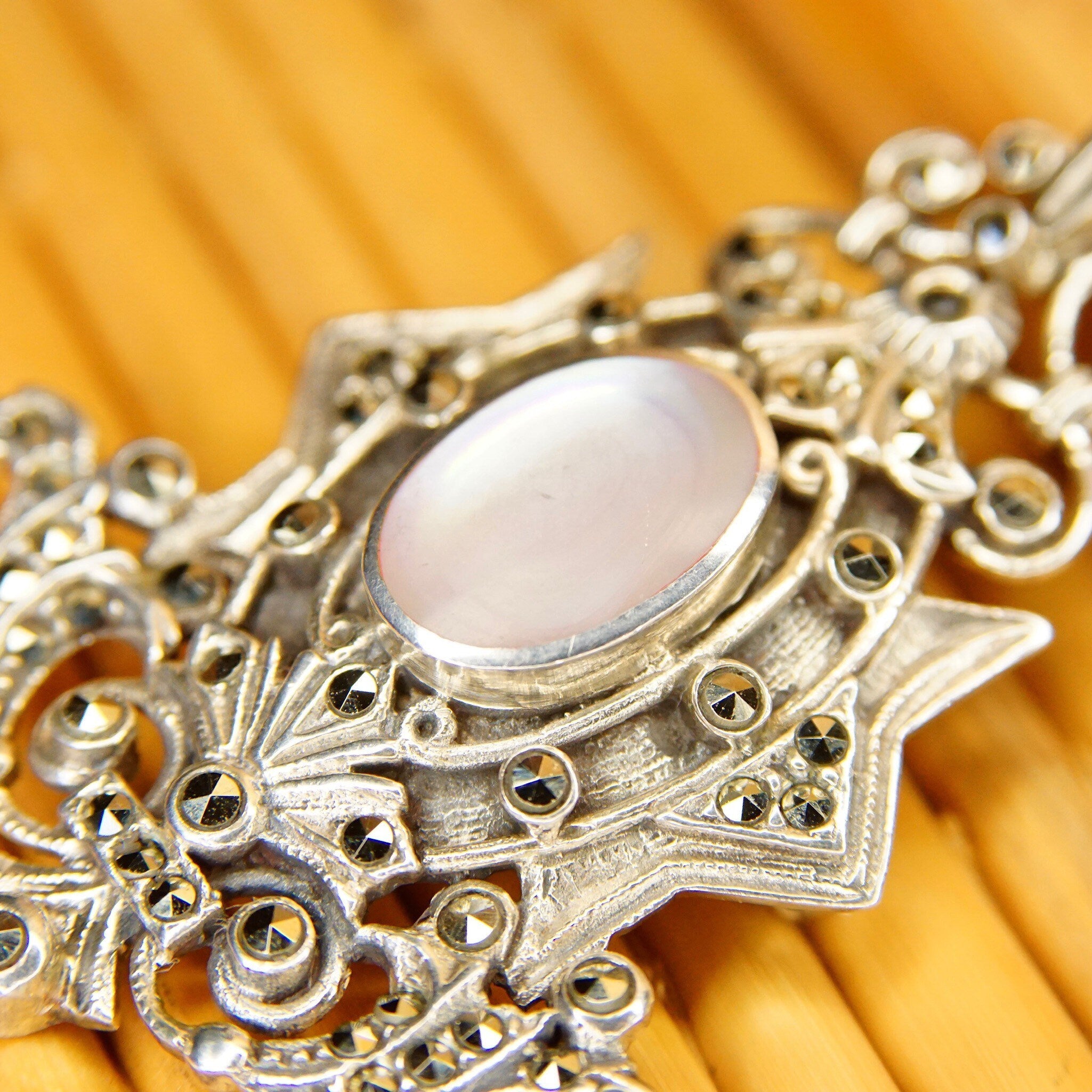 Vintage Art Deco Sterling Silver Marcasite & Mother Of Pearl Pendant/Brooch, Ornate Embellished Silver Shield Pendant Pin, LIND, 2 1/8" L