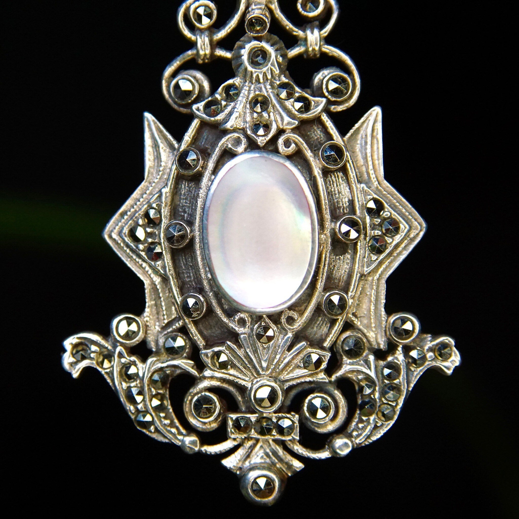 Vintage Art Deco Sterling Silver Marcasite & Mother Of Pearl Pendant/Brooch, Ornate Embellished Silver Shield Pendant Pin, LIND, 2 1/8" L