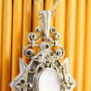 Vintage Art Deco Sterling Silver Marcasite & Mother Of Pearl Pendant/Brooch, Ornate Embellished Silver Shield Pendant Pin, LIND, 2 1/8" L