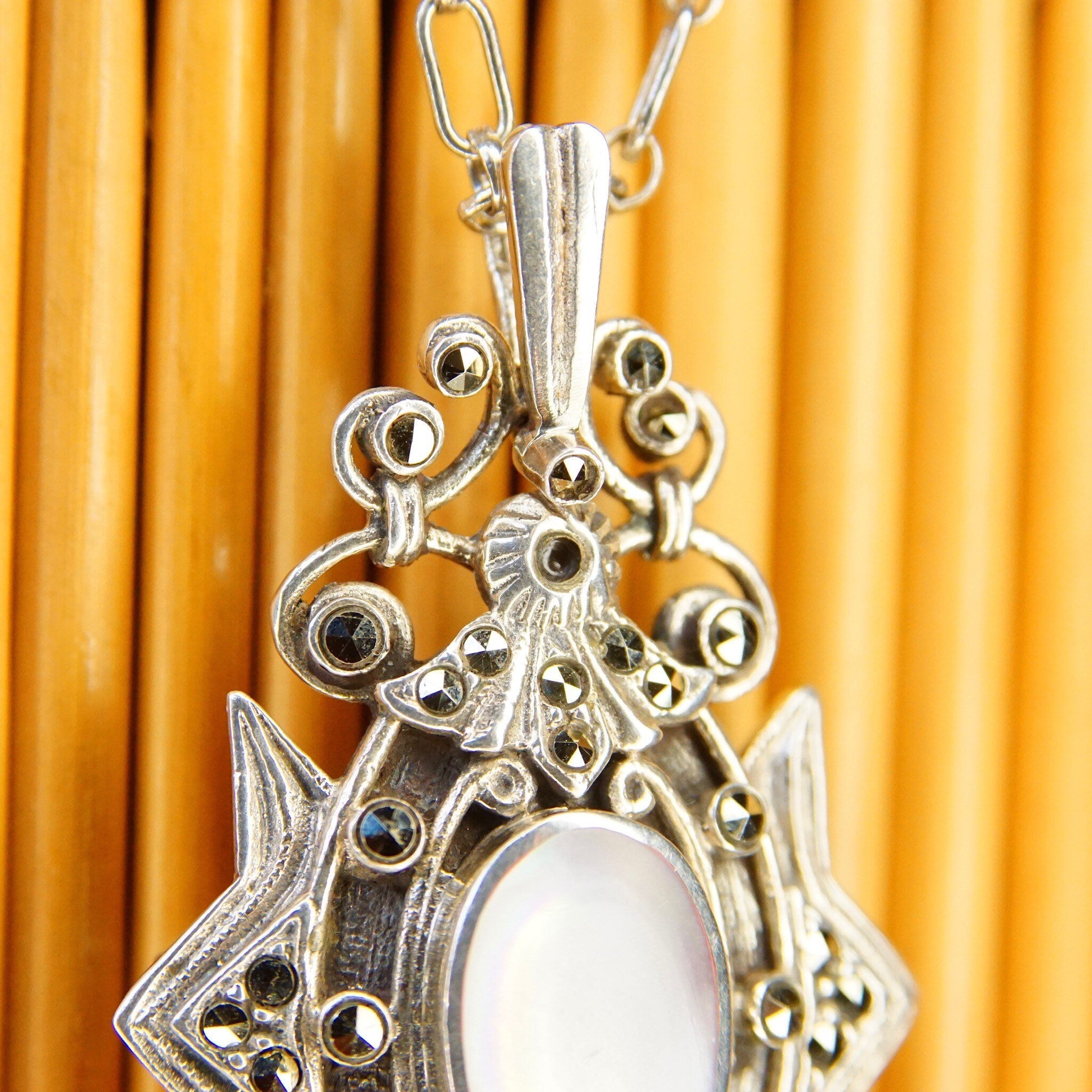 Vintage Art Deco Sterling Silver Marcasite & Mother Of Pearl Pendant/Brooch, Ornate Embellished Silver Shield Pendant Pin, LIND, 2 1/8" L