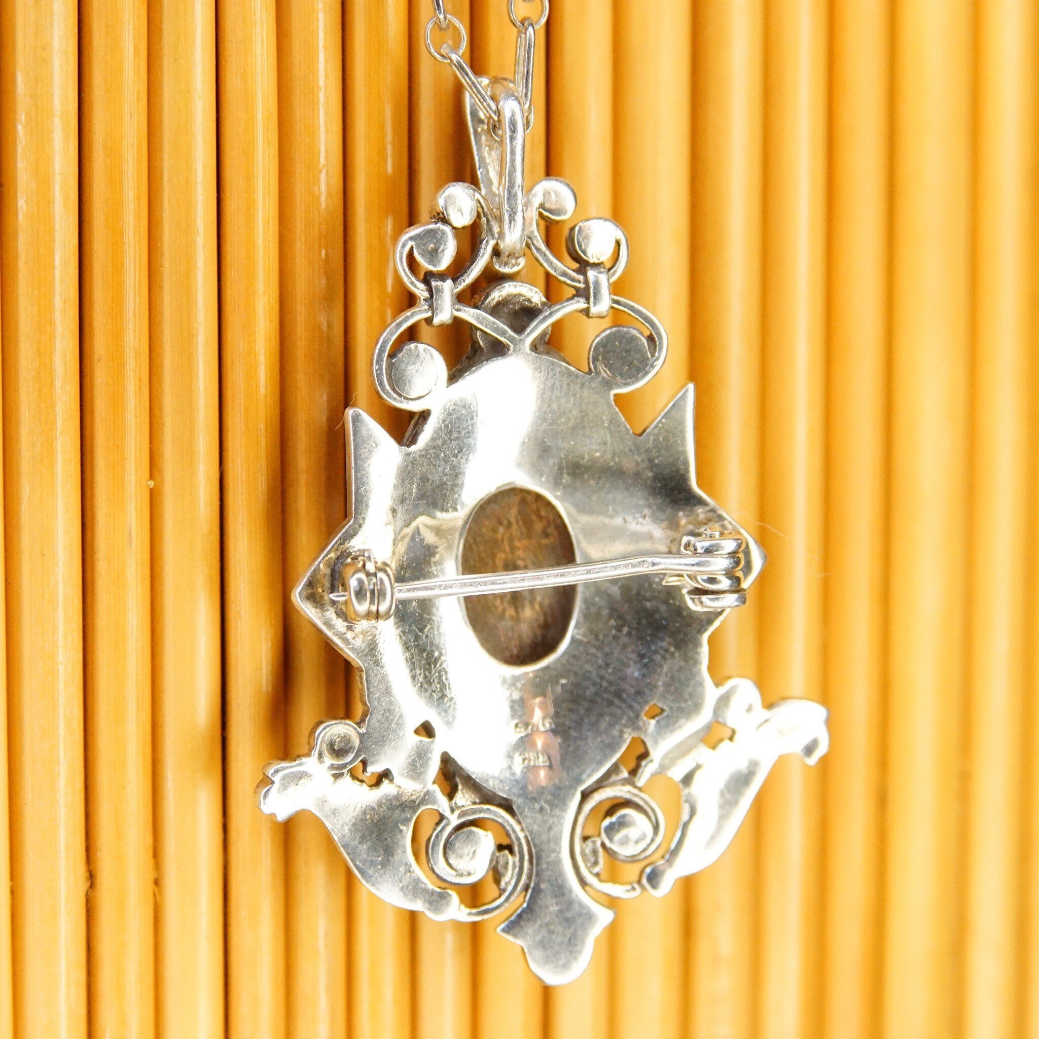Vintage Art Deco Sterling Silver Marcasite & Mother Of Pearl Pendant/Brooch, Ornate Embellished Silver Shield Pendant Pin, LIND, 2 1/8" L