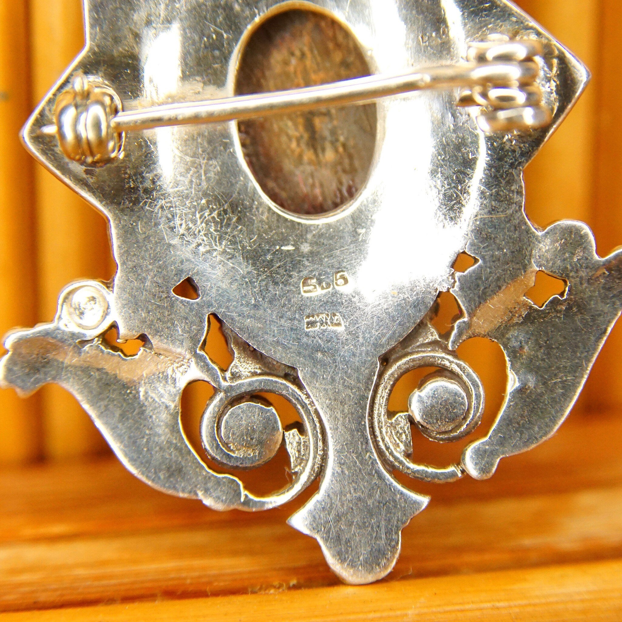 Vintage Art Deco Sterling Silver Marcasite & Mother Of Pearl Pendant/Brooch, Ornate Embellished Silver Shield Pendant Pin, LIND, 2 1/8" L