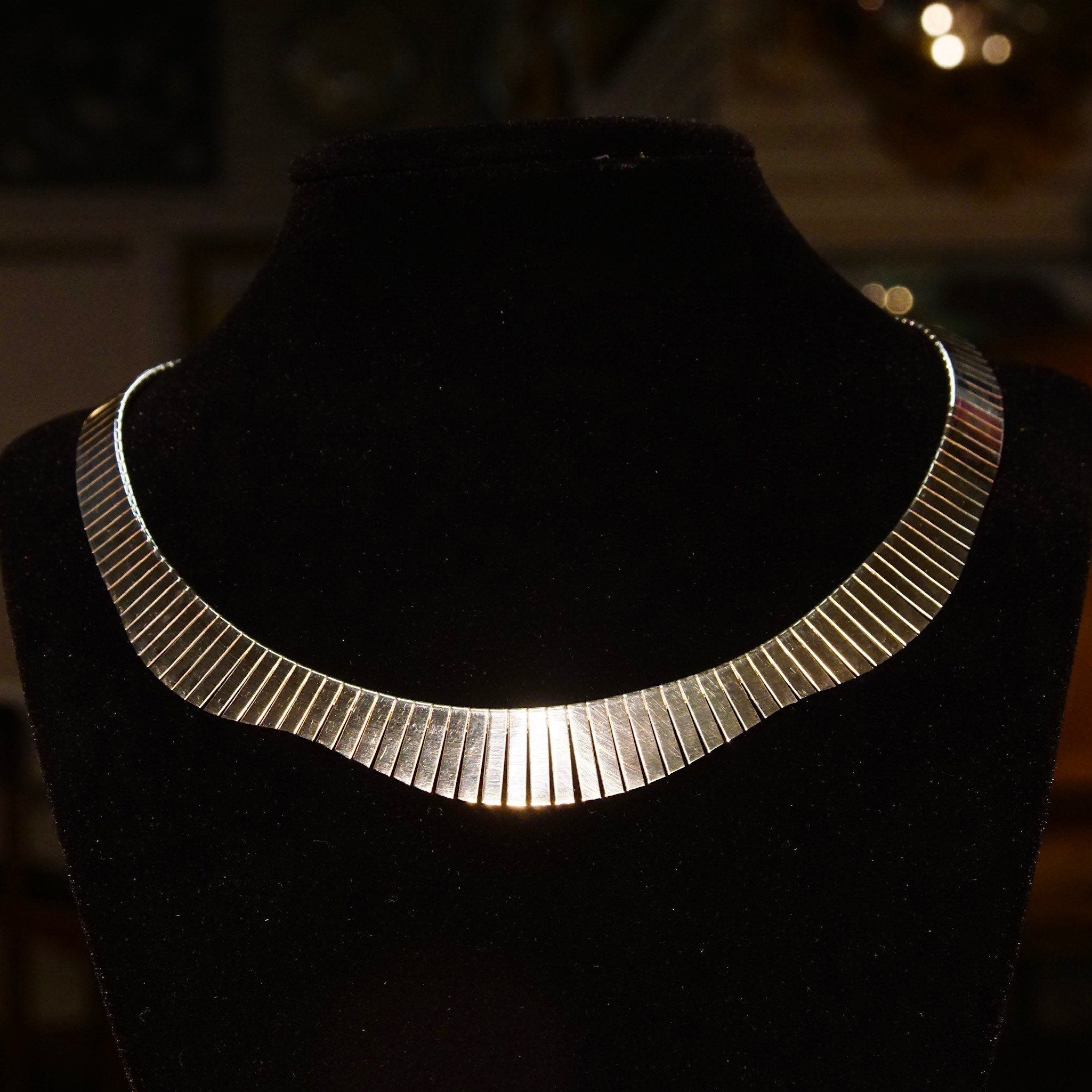 Vintage Italian Sterling Silver Fringe Collar Necklace, Cleopatra Style, Graduated Fringe Wave Choker, Modernist Necklace, 16 1/4" L
