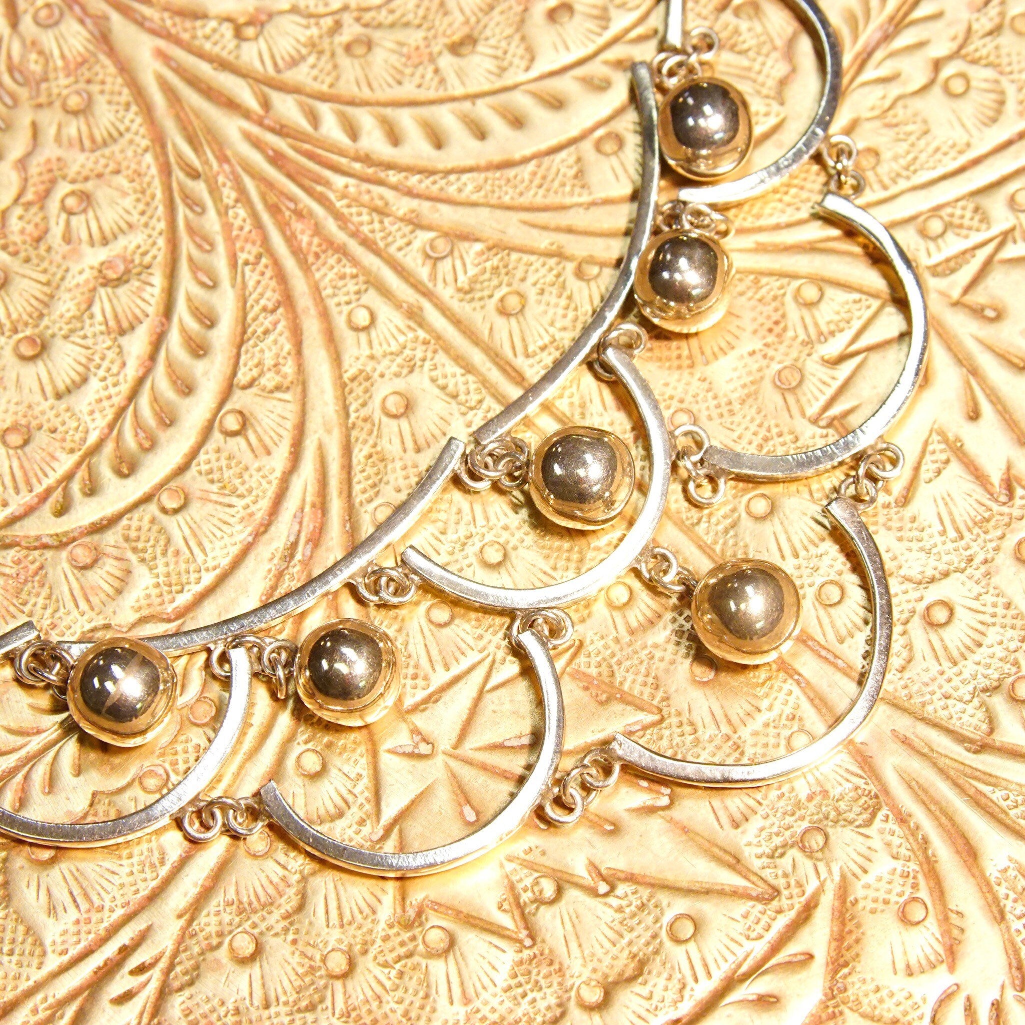 Vintage TAXCO Sterling Silver Festoon Necklace, Silver Bead Scallop Bib Necklace, Mexico 925 TH-43, Modernist Jewelry, 16 3/4" L
