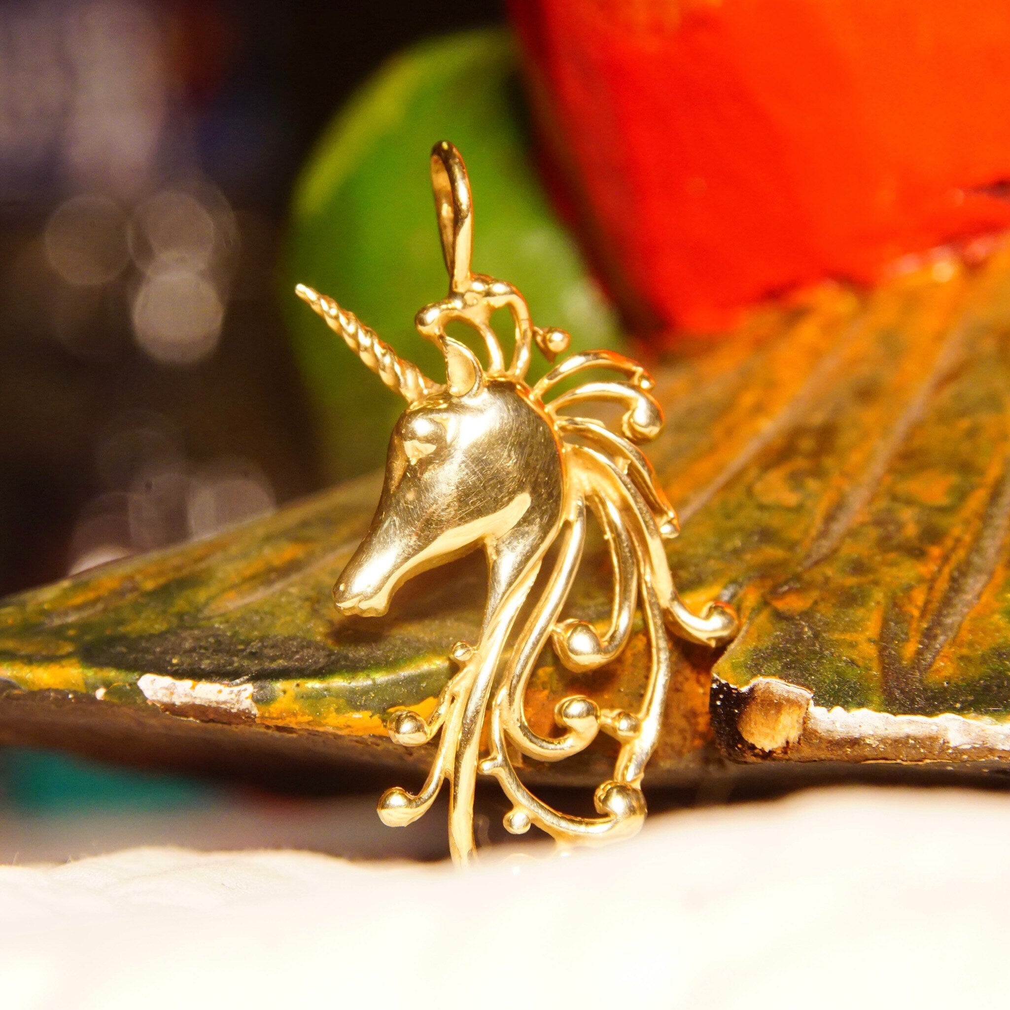 Vintage 14k Yellow Gold Unicorn Pendant, Mythological Creature, Unicorn Figurehead, Cute 585 Jewelry, 1 5/8" L
