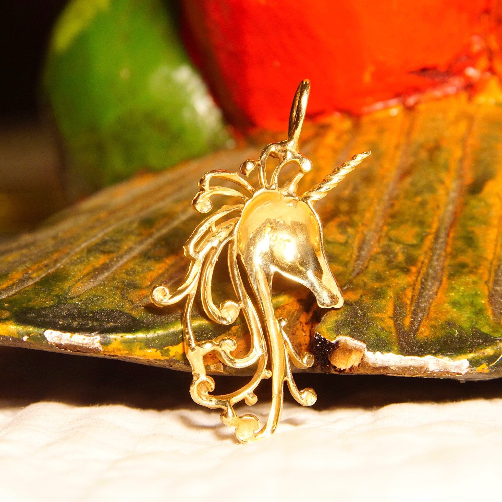 Vintage 14k Yellow Gold Unicorn Pendant, Mythological Creature, Unicorn Figurehead, Cute 585 Jewelry, 1 5/8" L