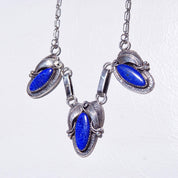 Vintage Native American Sterling Silver Lapis Lazuli Pendant Necklace, 3-Stone Pendant, Engraved Leaf Settings, Oval Link Chain, 20 3/4" L