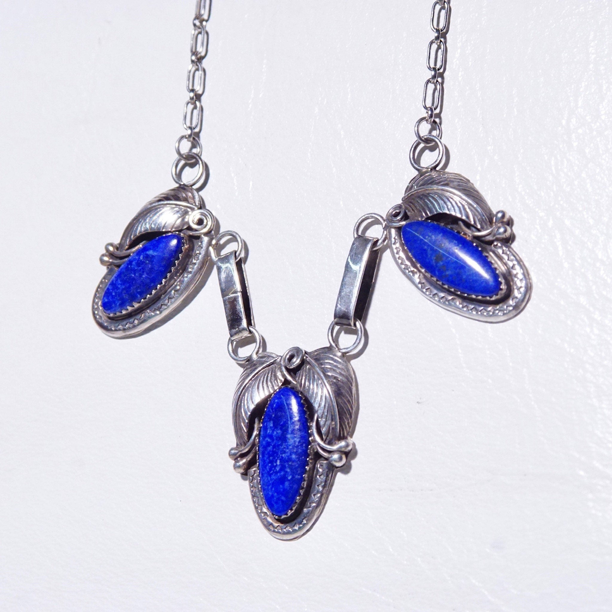 Vintage Native American Sterling Silver Lapis Lazuli Pendant Necklace, 3-Stone Pendant, Engraved Leaf Settings, Oval Link Chain, 20 3/4" L