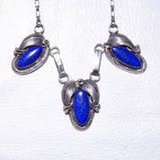 Vintage Native American Sterling Silver Lapis Lazuli Pendant Necklace, 3-Stone Pendant, Engraved Leaf Settings, Oval Link Chain, 20 3/4" L