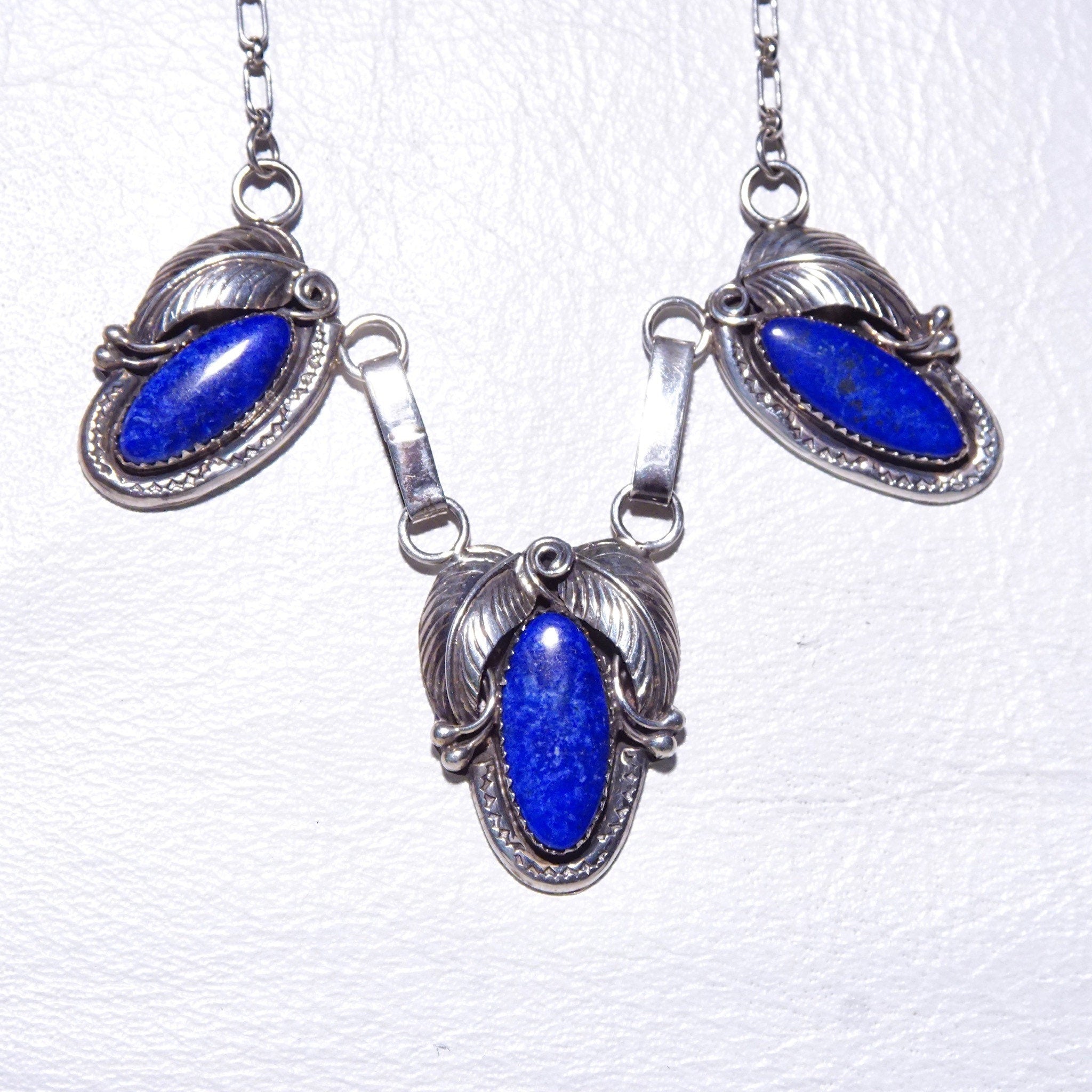 Vintage Native American Sterling Silver Lapis Lazuli Pendant Necklace, 3-Stone Pendant, Engraved Leaf Settings, Oval Link Chain, 20 3/4" L