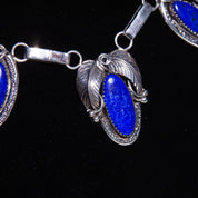 Vintage Native American Sterling Silver Lapis Lazuli Pendant Necklace, 3-Stone Pendant, Engraved Leaf Settings, Oval Link Chain, 20 3/4" L