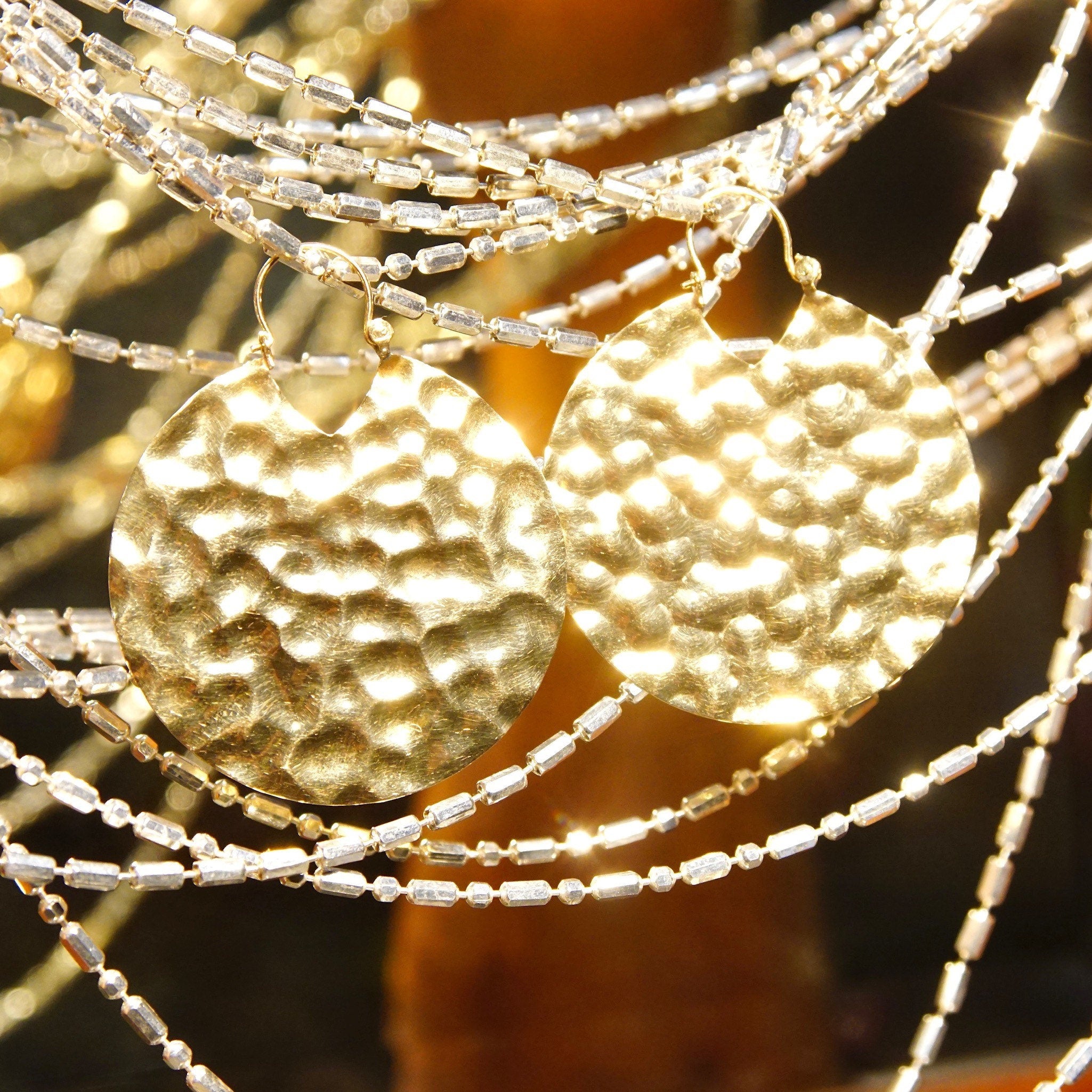 Vintage 14K Yellow Gold Hammered Disc Drop Earrings, Round Crinkle Hoop Earrings, Medium Sized, 585 Statement Accessory, 1 7/8" L