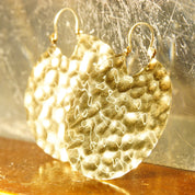 Vintage 14K Yellow Gold Hammered Disc Drop Earrings, Round Crinkle Hoop Earrings, Medium Sized, 585 Statement Accessory, 1 7/8" L