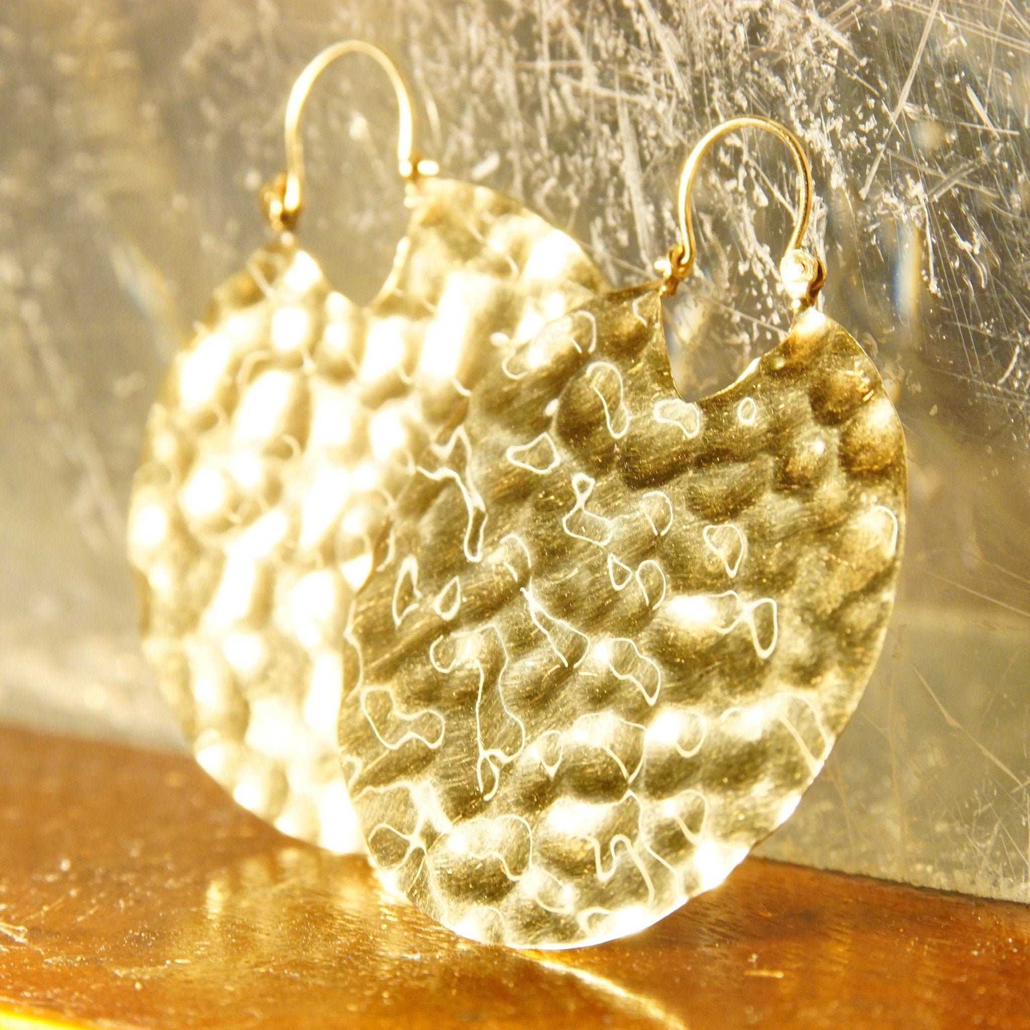 Vintage 14K Yellow Gold Hammered Disc Drop Earrings, Round Crinkle Hoop Earrings, Medium Sized, 585 Statement Accessory, 1 7/8" L