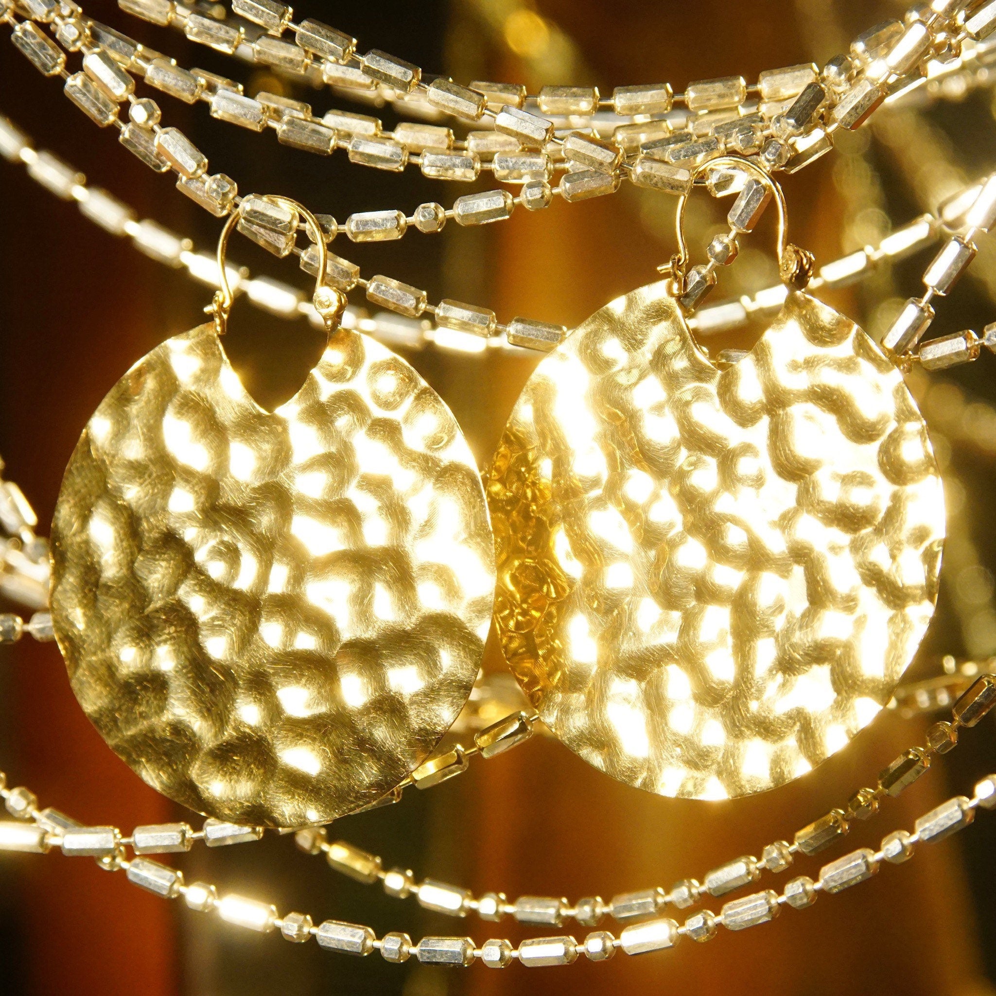 Vintage 14K Yellow Gold Hammered Disc Drop Earrings, Round Crinkle Hoop Earrings, Medium Sized, 585 Statement Accessory, 1 7/8" L