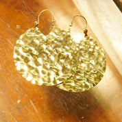 Vintage 14K Yellow Gold Hammered Disc Drop Earrings, Round Crinkle Hoop Earrings, Medium Sized, 585 Statement Accessory, 1 7/8" L