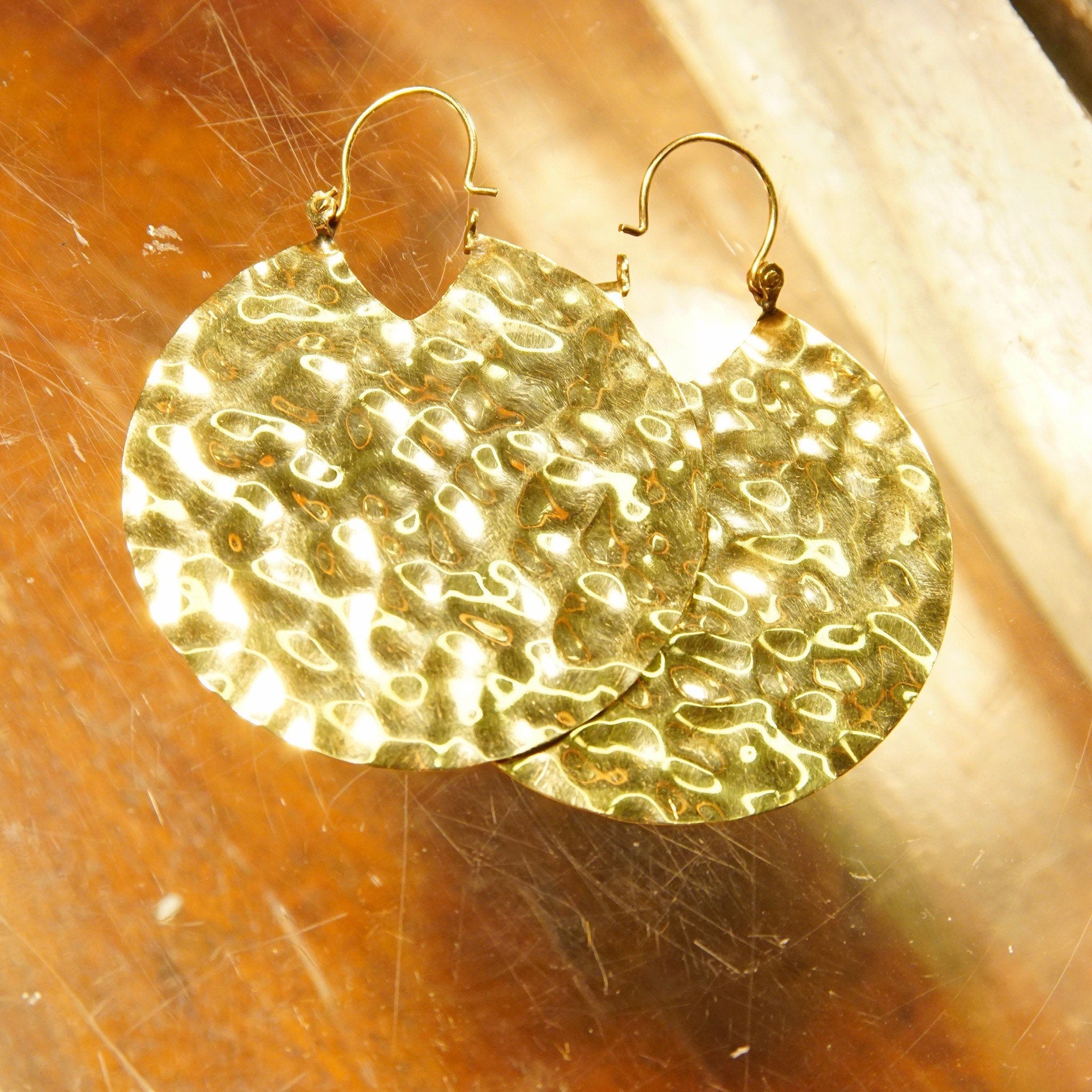 Vintage 14K Yellow Gold Hammered Disc Drop Earrings, Round Crinkle Hoop Earrings, Medium Sized, 585 Statement Accessory, 1 7/8" L