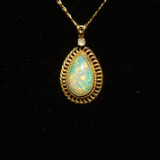 Vintage 14K Yellow Gold Opal Diamond Accent Teardrop Pendant Necklace, 1mm Snail Link Chain, White Opal Gemstone, .03 CT Diamond, 16 3/8" L