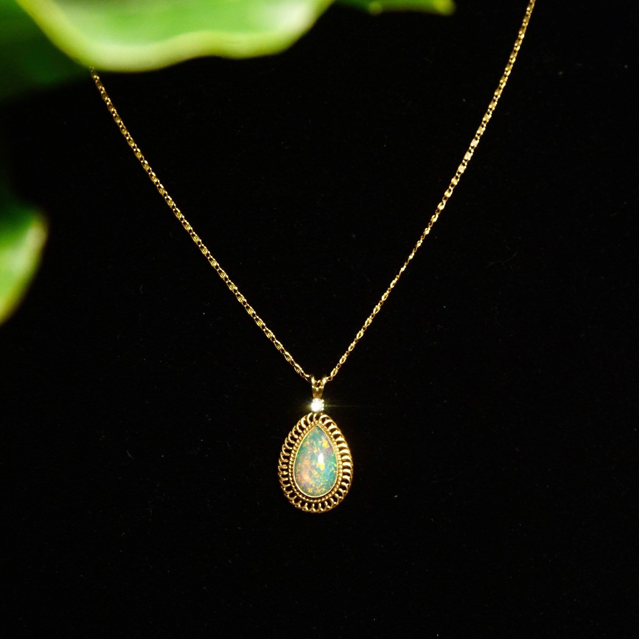 Vintage 14K Yellow Gold Opal Diamond Accent Teardrop Pendant Necklace, 1mm Snail Link Chain, White Opal Gemstone, .03 CT Diamond, 16 3/8" L
