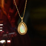 Vintage 14K Yellow Gold Opal Diamond Accent Teardrop Pendant Necklace, 1mm Snail Link Chain, White Opal Gemstone, .03 CT Diamond, 16 3/8" L