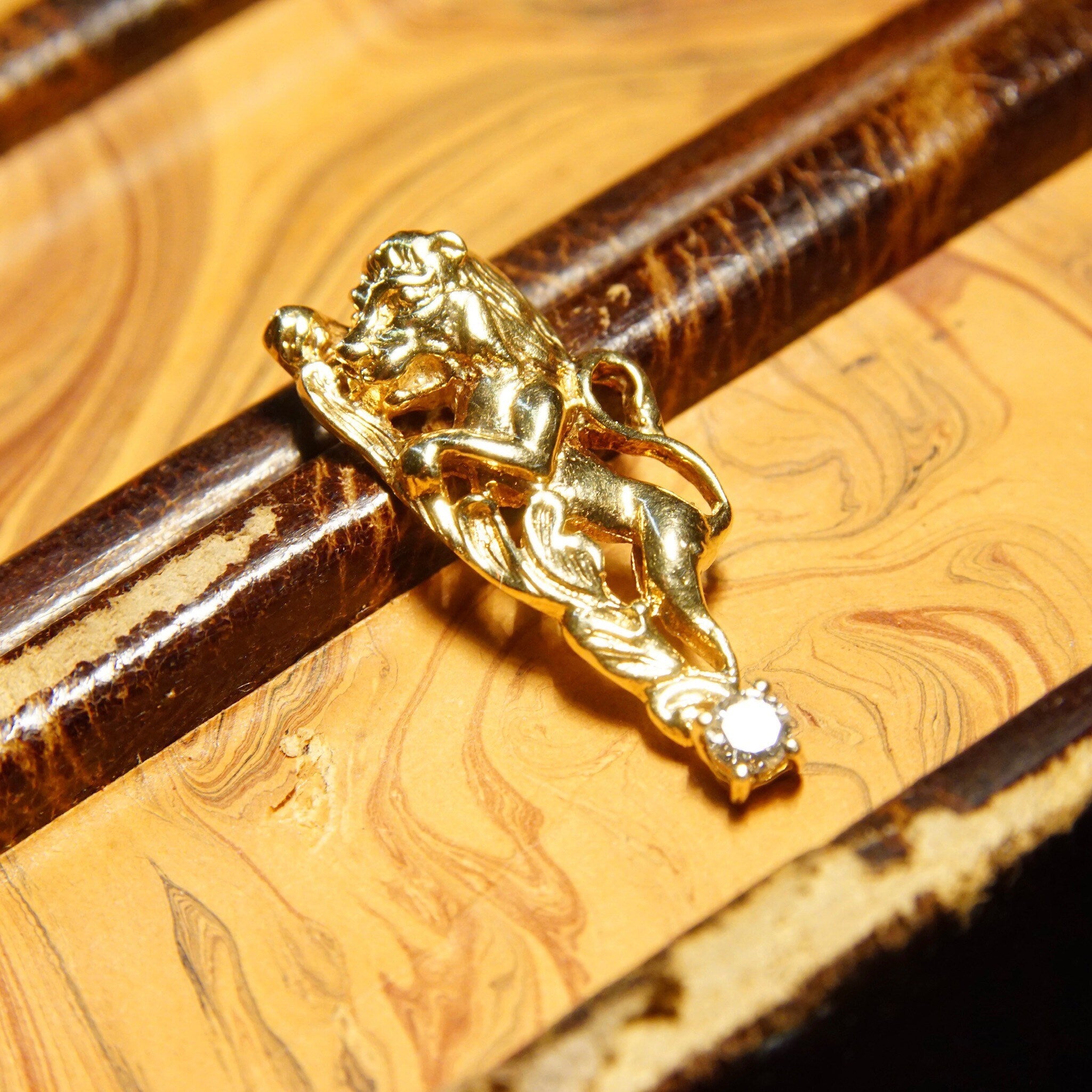 Vintage 14K Gold Diamond Accent Lion Charm, .13 CT Brilliant Diamond, Petite Yellow Gold Lion Pendant, 585 Jewelry, 28mm x 11mm
