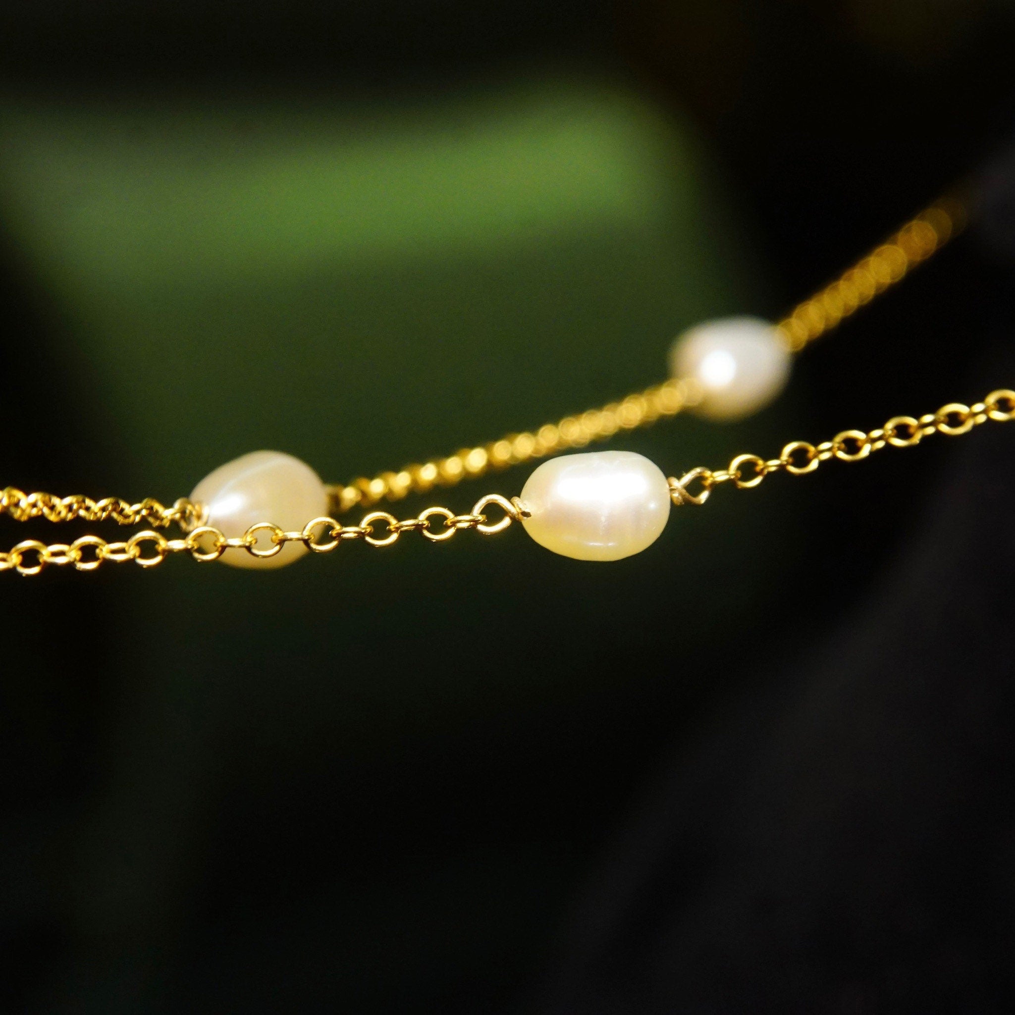 14K Pearl Station Necklace, Petite Yellow Gold Cable Chain, 11 Iridescent Baroque Pearls, Estate Jewelry, 25" L