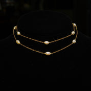 14K Pearl Station Necklace, Petite Yellow Gold Cable Chain, 11 Iridescent Baroque Pearls, Estate Jewelry, 25" L