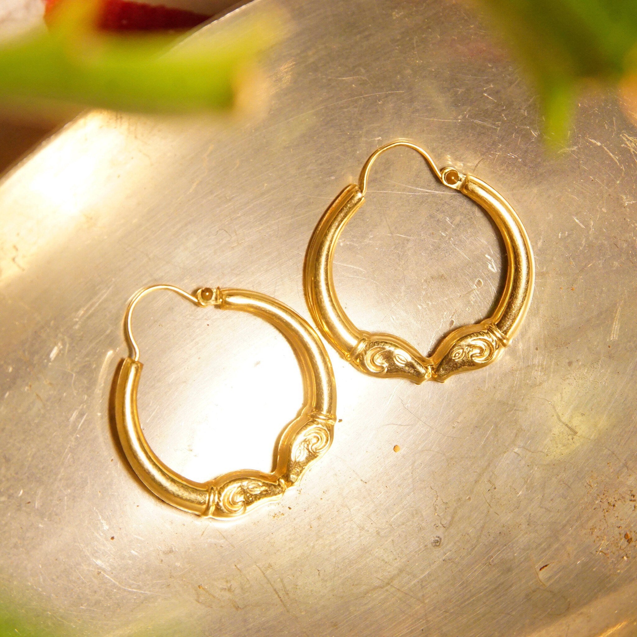 Vintage 14K Gold Kissing Rams Hoop Earrings, Hollow Yellow Gold Hoops, Double Rams Head Embellishment, Etruscan Style, 1 1/8" L