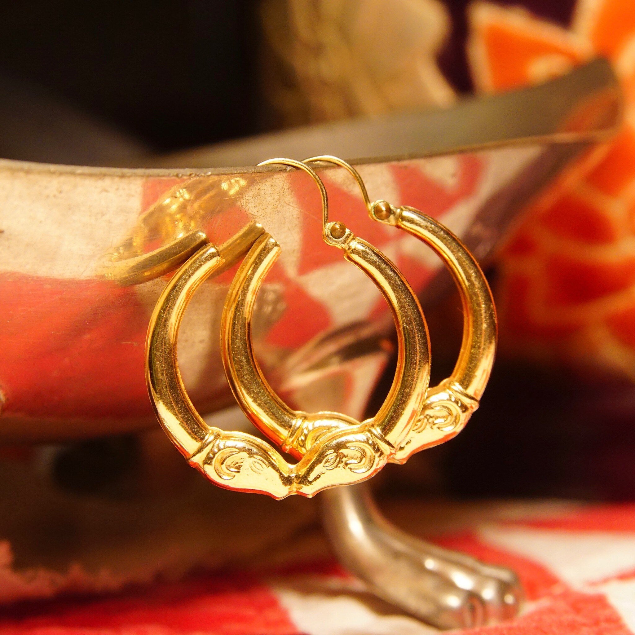 Vintage 14K Gold Kissing Rams Hoop Earrings, Hollow Yellow Gold Hoops, Double Rams Head Embellishment, Etruscan Style, 1 1/8" L