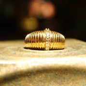 Vintage 14K Gold Diamond Pave Dome Ring, Textured Yellow Gold Dome, Vertical Round-Cut Diamond Inlay, .14 TCW, Size 7 1/2 US