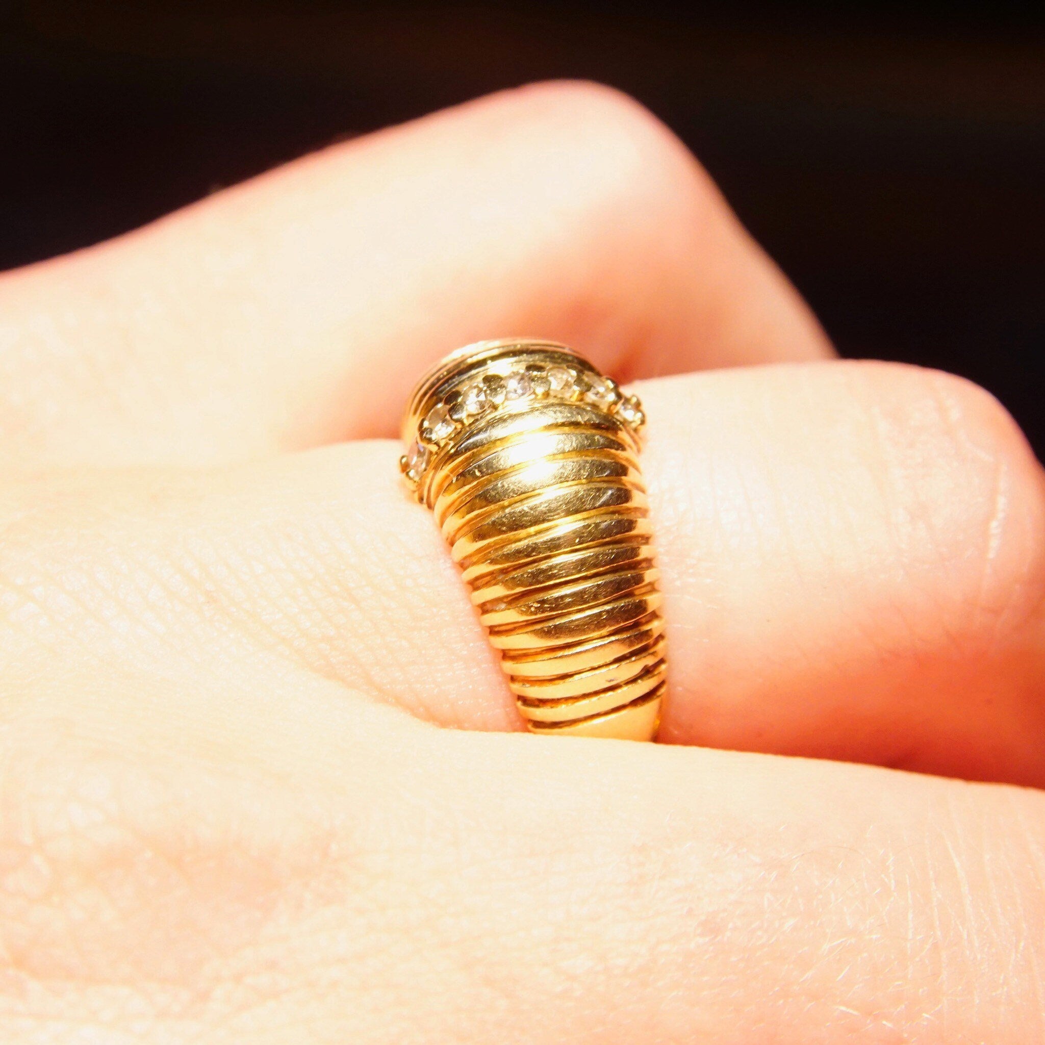 Vintage 14K Gold Diamond Pave Dome Ring, Textured Yellow Gold Dome, Vertical Round-Cut Diamond Inlay, .14 TCW, Size 7 1/2 US