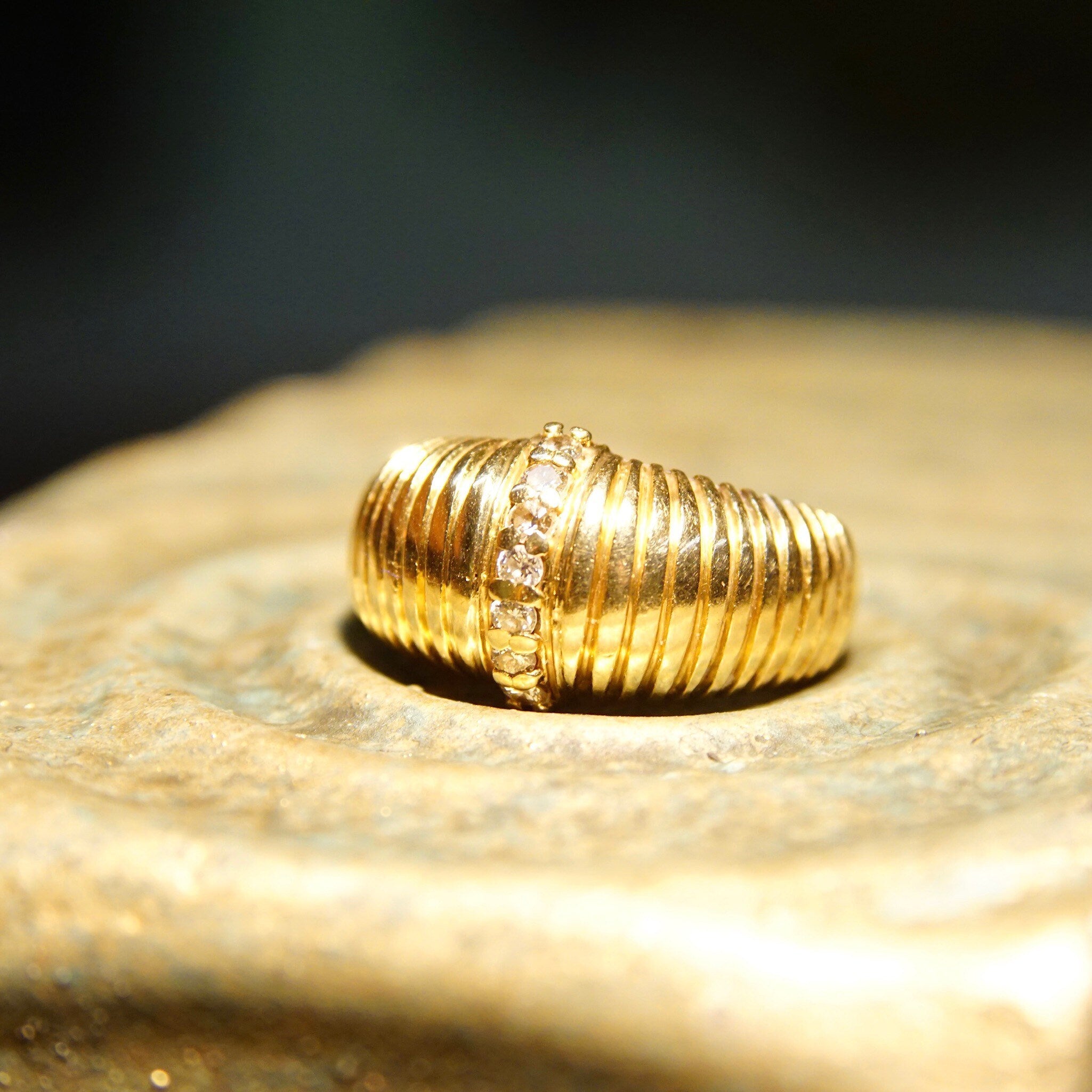 Vintage 14K Gold Diamond Pave Dome Ring, Textured Yellow Gold Dome, Vertical Round-Cut Diamond Inlay, .14 TCW, Size 7 1/2 US