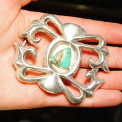 Vintage Signed 'Phillip' Native American Sterling Silver Turquoise Sand Cast Belt Buckle, Natural Turquoise, Artisan Belt Buckle, 3 1/8" W