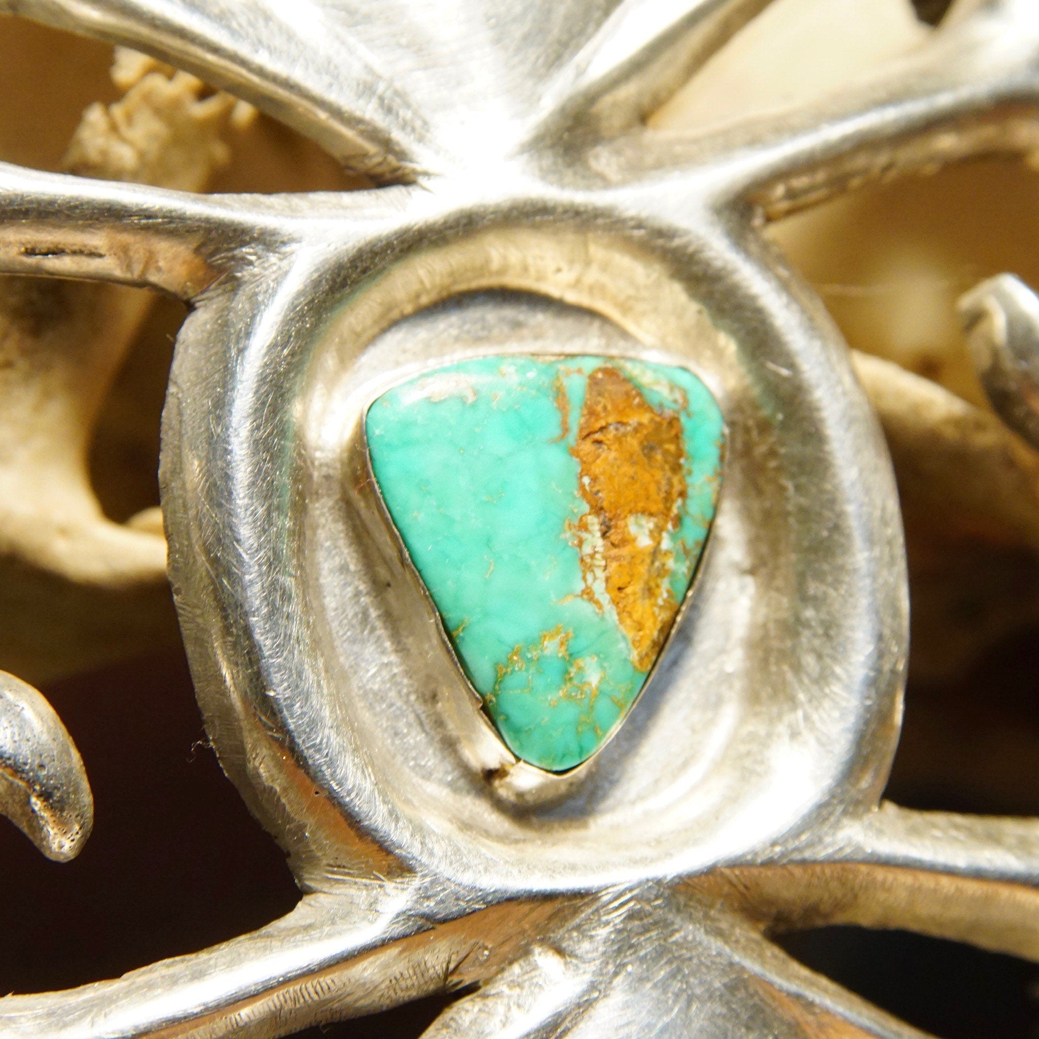 Vintage Signed 'Phillip' Native American Sterling Silver Turquoise Sand Cast Belt Buckle, Natural Turquoise, Artisan Belt Buckle, 3 1/8" W