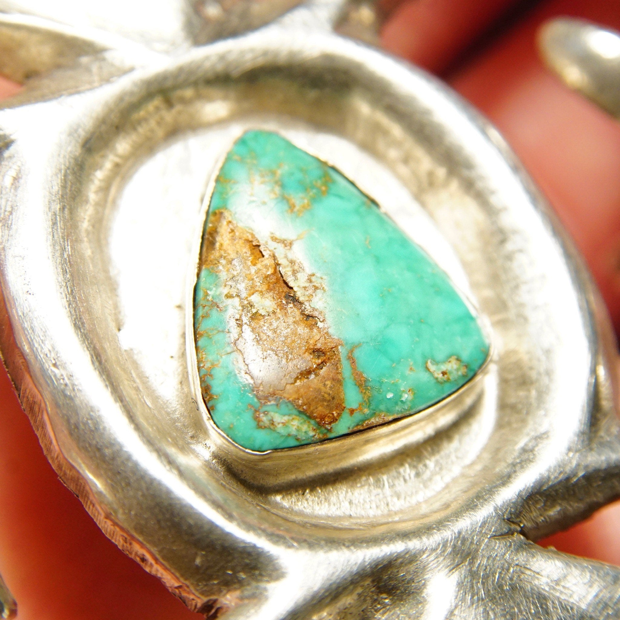 Vintage Signed 'Phillip' Native American Sterling Silver Turquoise Sand Cast Belt Buckle, Natural Turquoise, Artisan Belt Buckle, 3 1/8" W