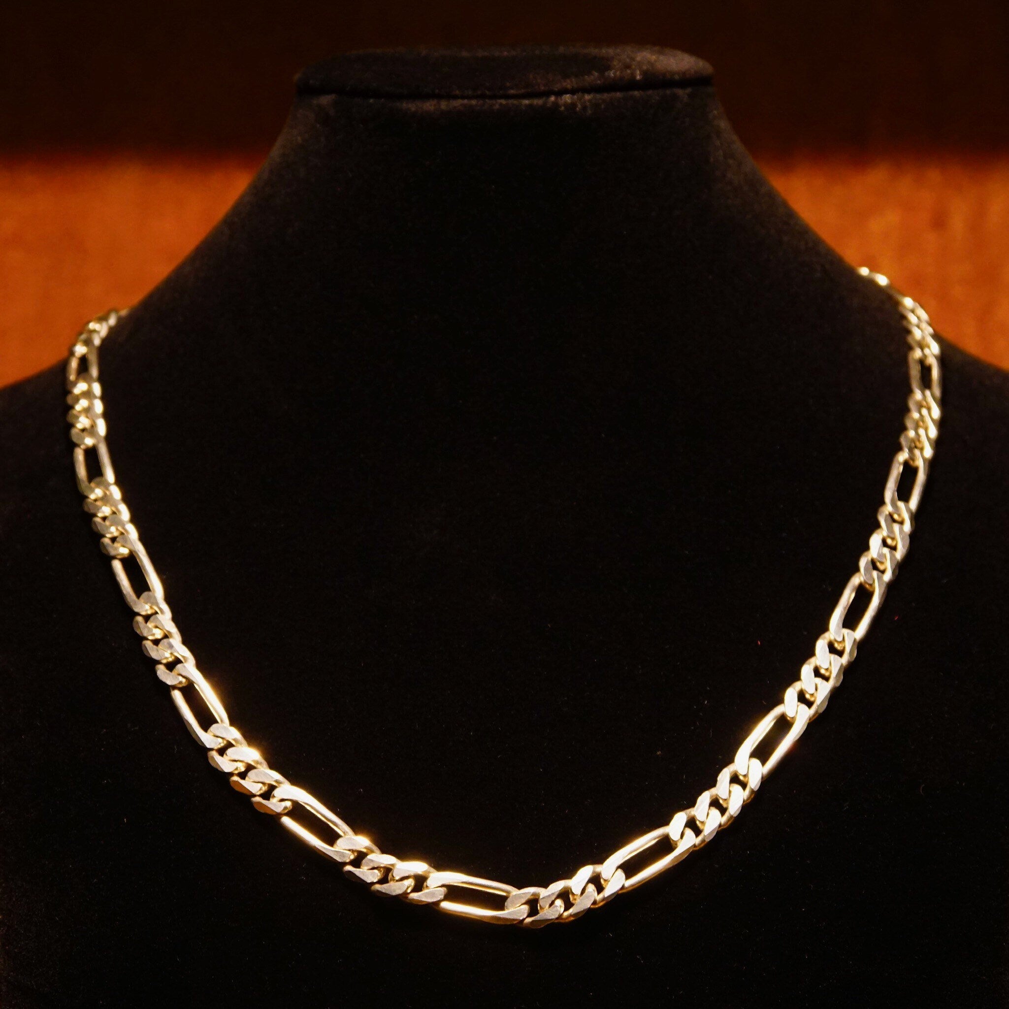 Vintage Italian Sterling Silver Figaro Chain Necklace, Solid 925 Chain, 7mm Bevel Edge Figaro Link Chain, Heavy Silver Chain, 20 1/4" L