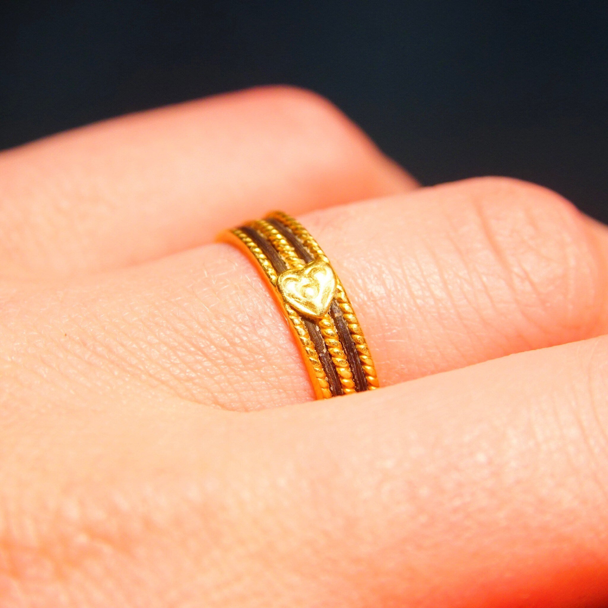 Vintage 22KT Yellow Gold Black Inlay Wedding Band, Gold Heart Embellishments, 5mm Band, Black & Gold, Handmade Indian Jewelry, Size 8 US