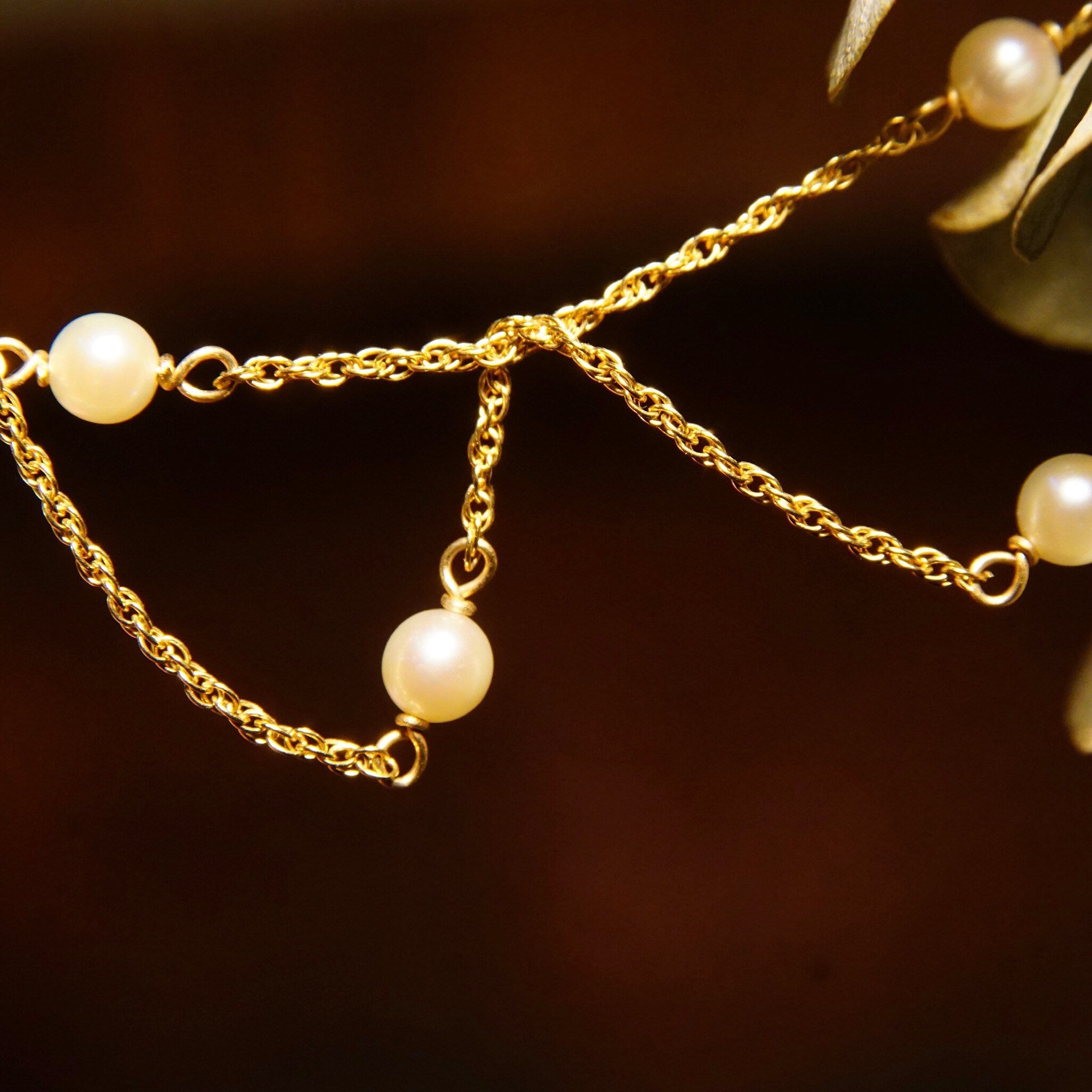 Vintage 14K Gold Pearl Station Choker Necklace, Yellow Gold Loose Rope Chain, 4mm Round Pearls, Elegant Necklace, 585 Jewelry, 18" L