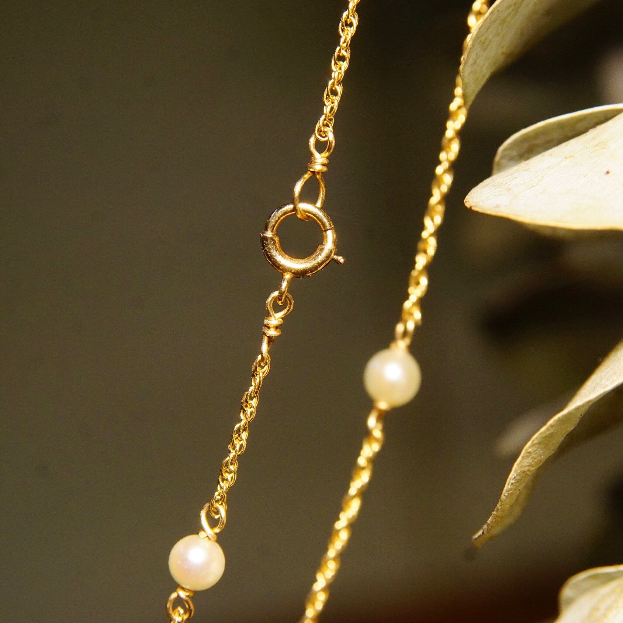 Vintage 14K Gold Pearl Station Choker Necklace, Yellow Gold Loose Rope Chain, 4mm Round Pearls, Elegant Necklace, 585 Jewelry, 18" L