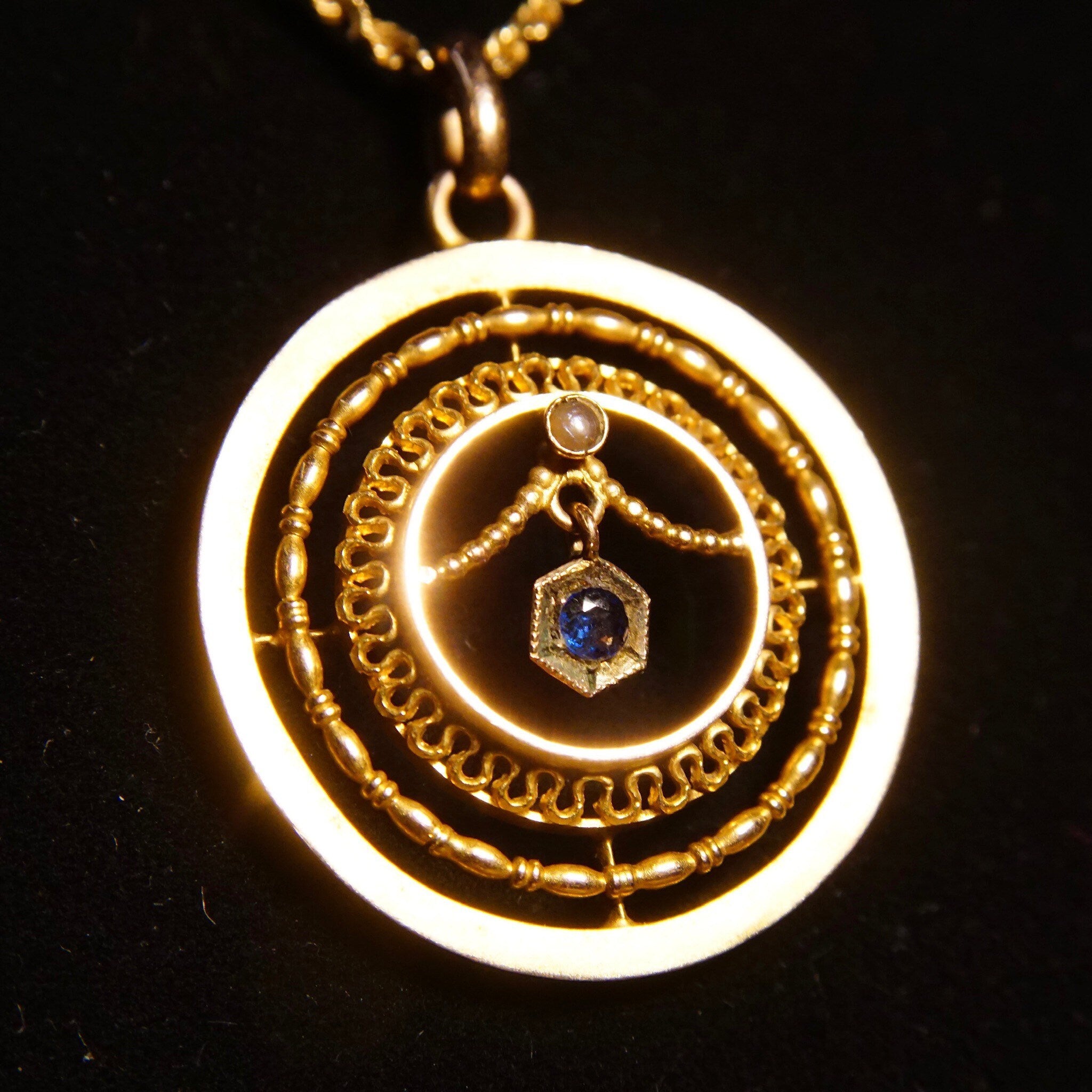 Antique 10K Gold Sapphire Pearl Seed Lavalier Pendant, 1 1/4" L