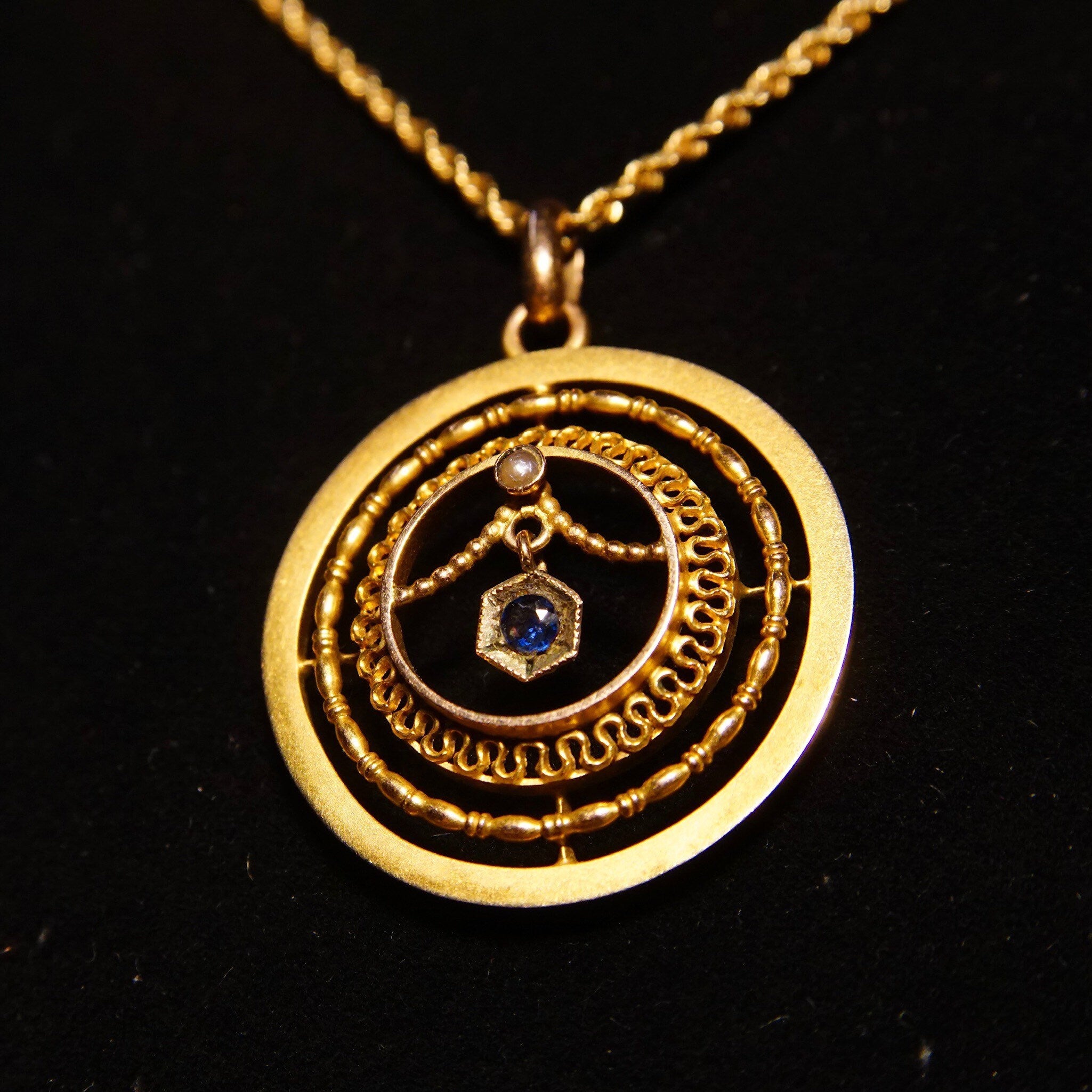 Antique 10K Gold Sapphire Pearl Seed Lavalier Pendant, 1 1/4" L