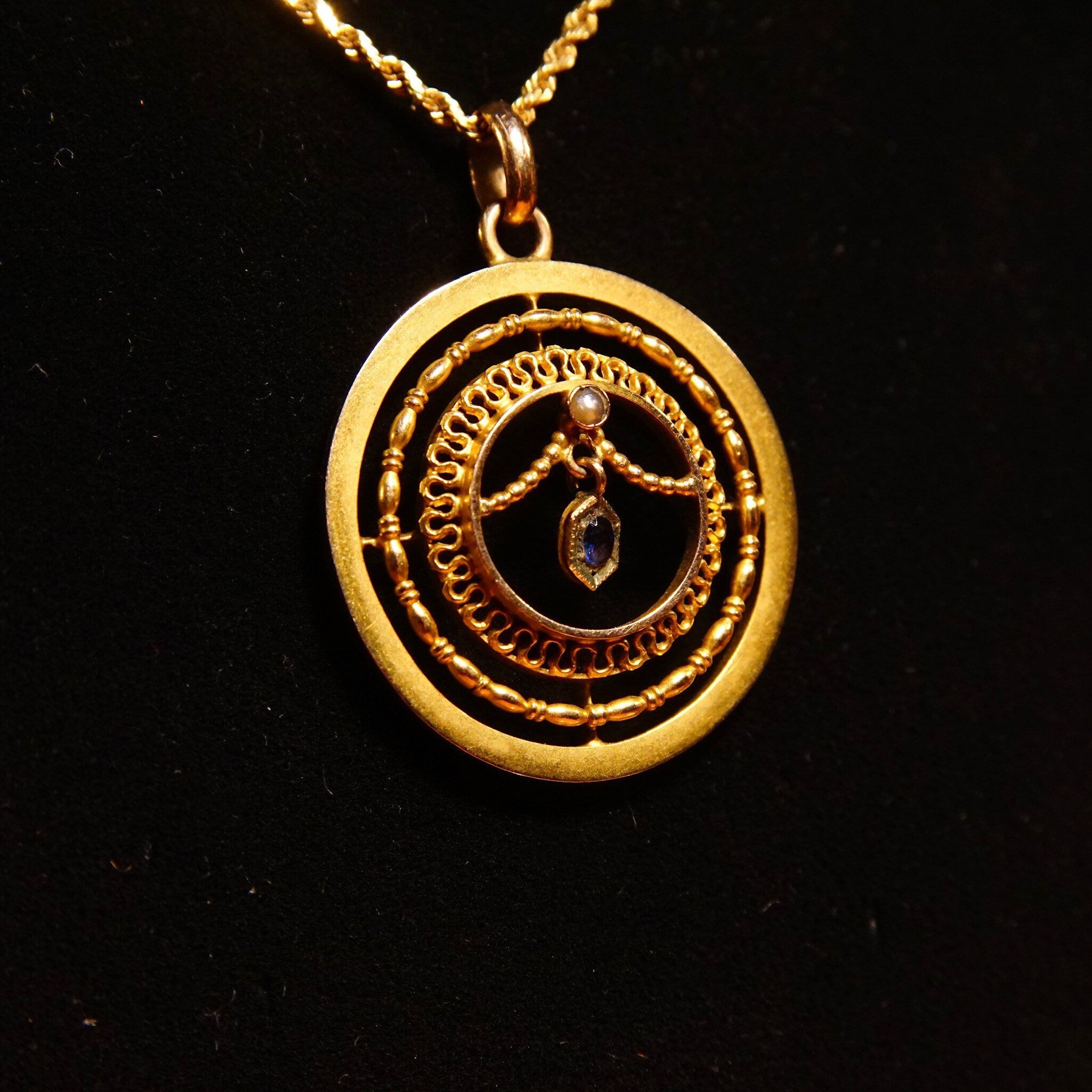 Antique 10K Gold Sapphire Pearl Seed Lavalier Pendant, 1 1/4" L